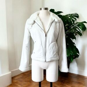 Vintage Cream Bomber Aviator Sherpa Fur Shearling Y2K Coat Jacket Small
